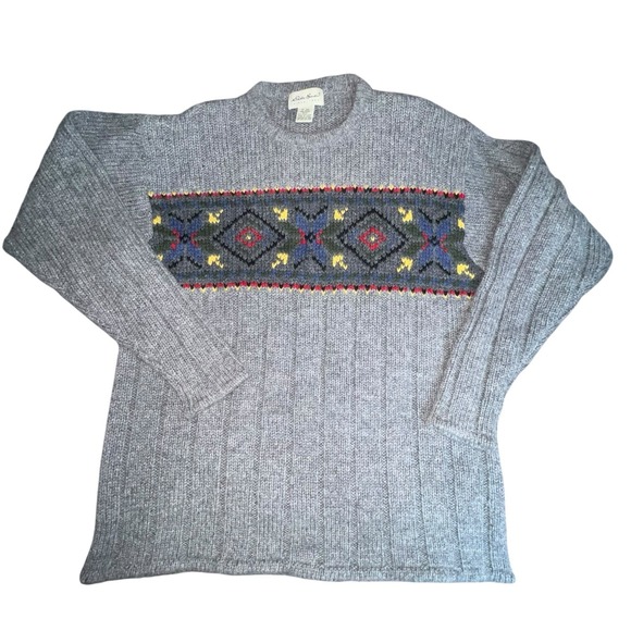 Eddie Bauer Mens Wool Crew Neck Sweater Gray‎ Size Medium Ribbed Y2K Vintage - Picture 2 of 10